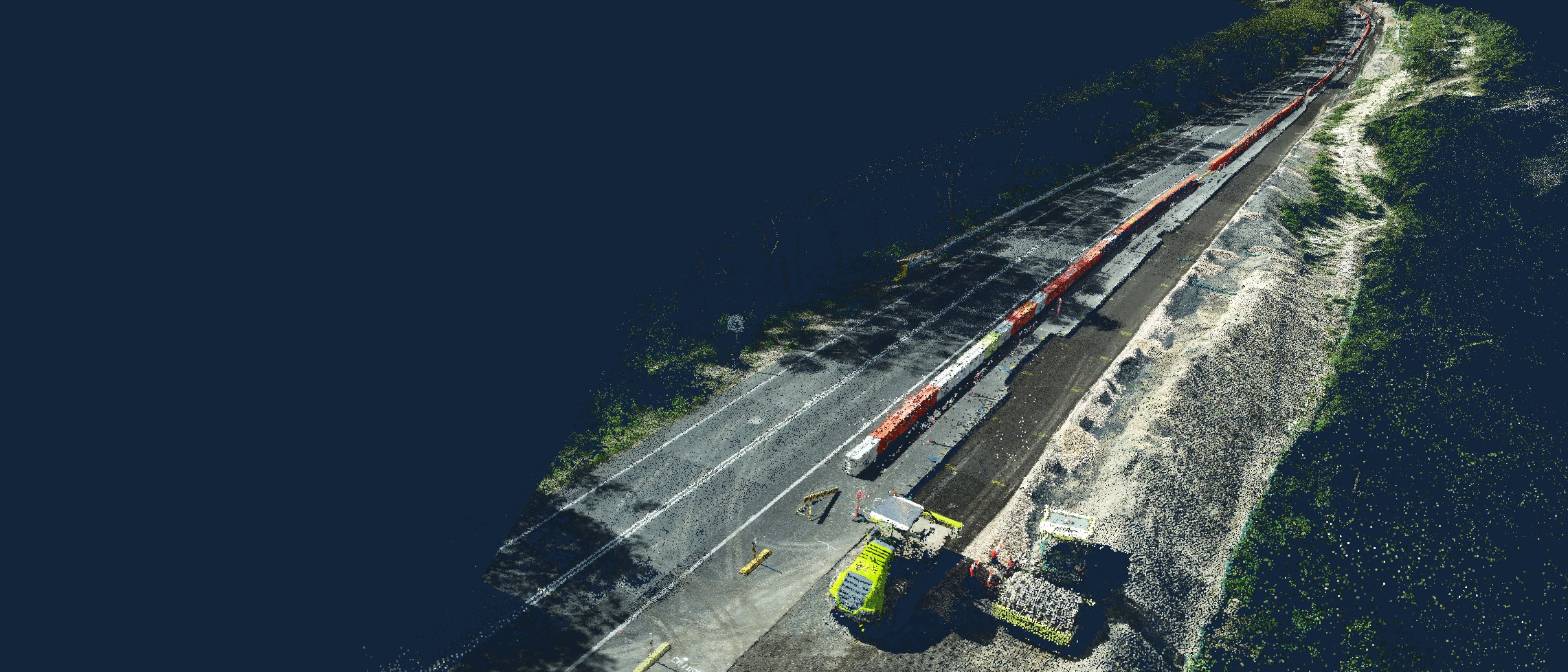 Point cloud of a road reconstruction site captured by RTK drone, showing pavement works, barrier line and plant
