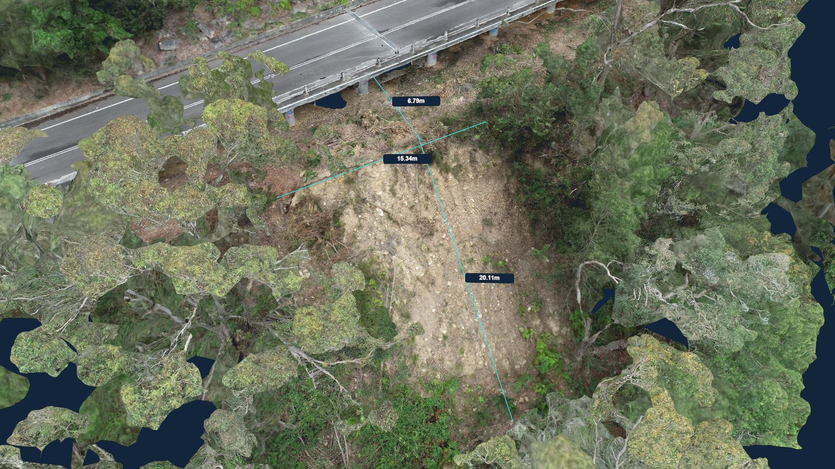 Textured 3D model of a slope failure below a bridge abutment, with the scarp measured at 20.11 m long and 15.34 m across