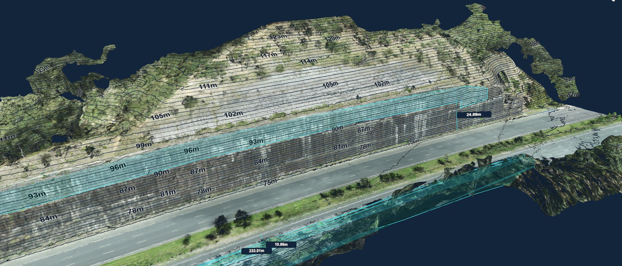 Contoured 3D mosaic of a rock cutting beside a highway, with elevation contours and a 233 m section length annotated
