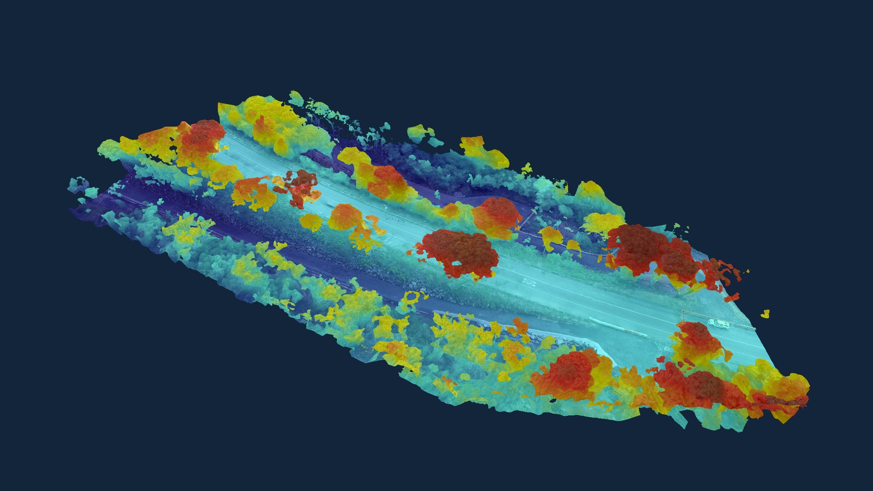 Elevation-classified point cloud of a road corridor, coloured by height from the ground surface