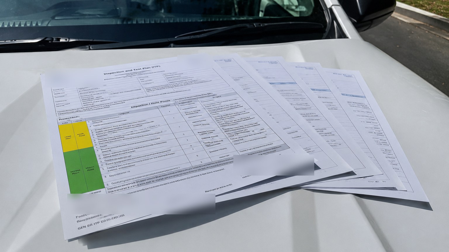 An Inspection and Test Plan with hold and witness points marked, laid out on a vehicle bonnet on site