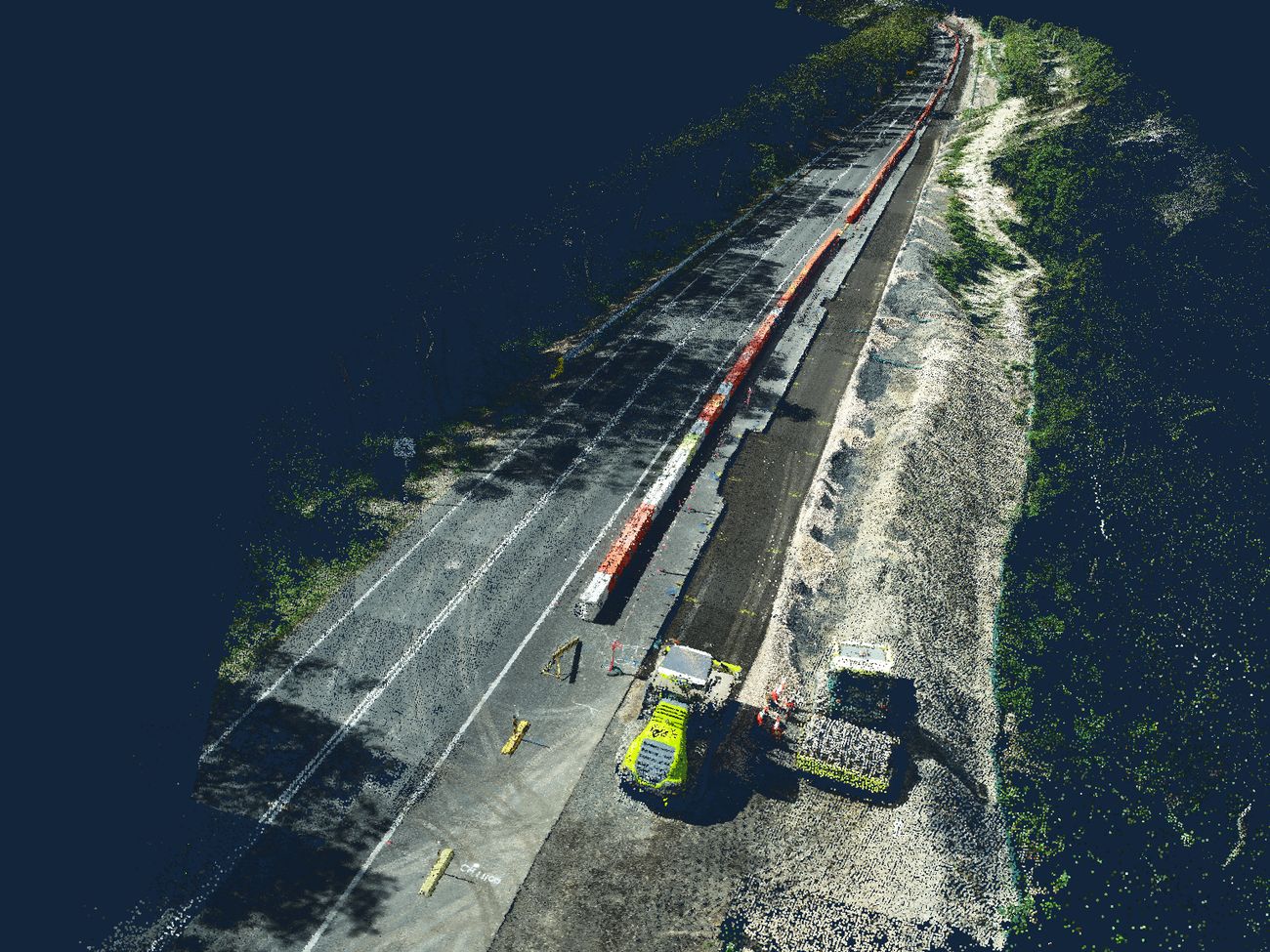 Point cloud of a road reconstruction showing bulk earthworks, barrier line, subgrade and plant
